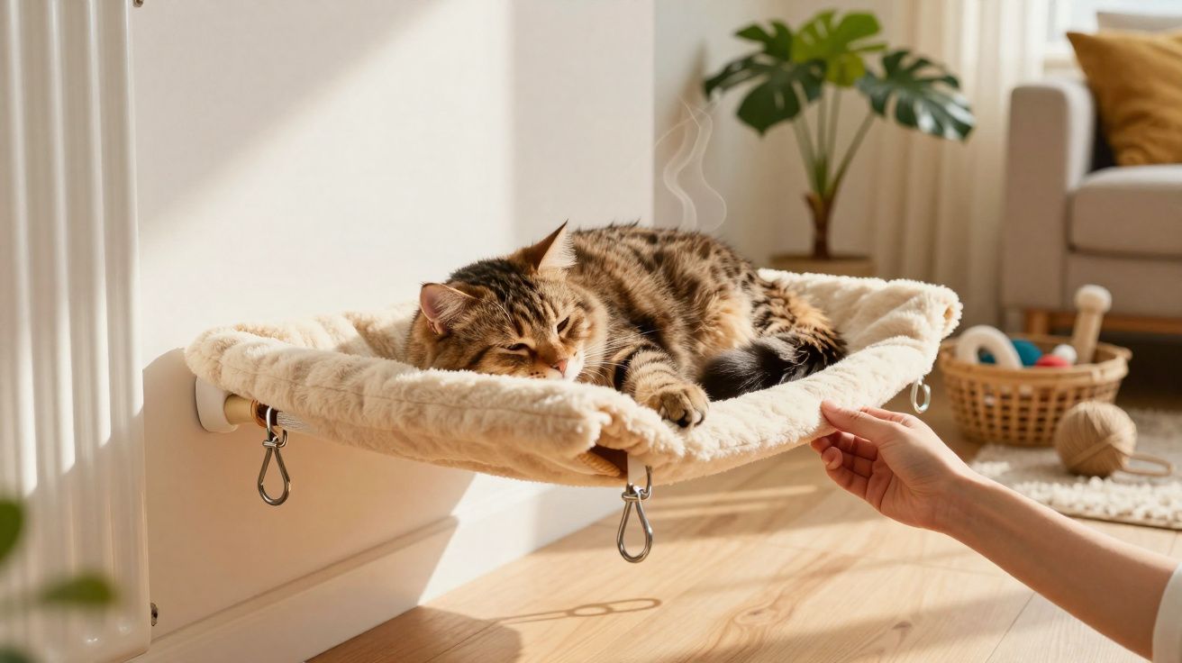 Gato dormindo em cama suspensa fixada na parede em ambiente iluminado e aconchegante.