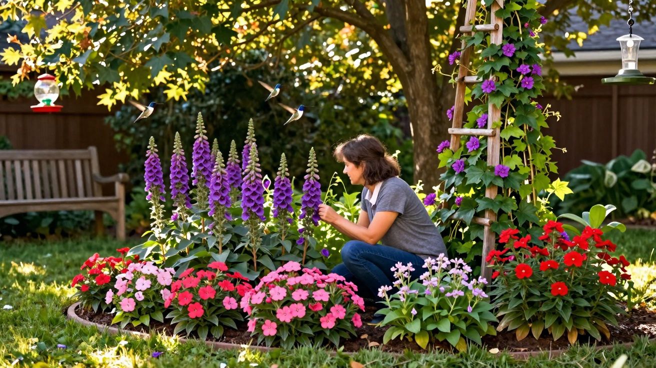 Mulher cuidando de flores coloridas em jardim com beija-flores voando e árvore ao fundo.