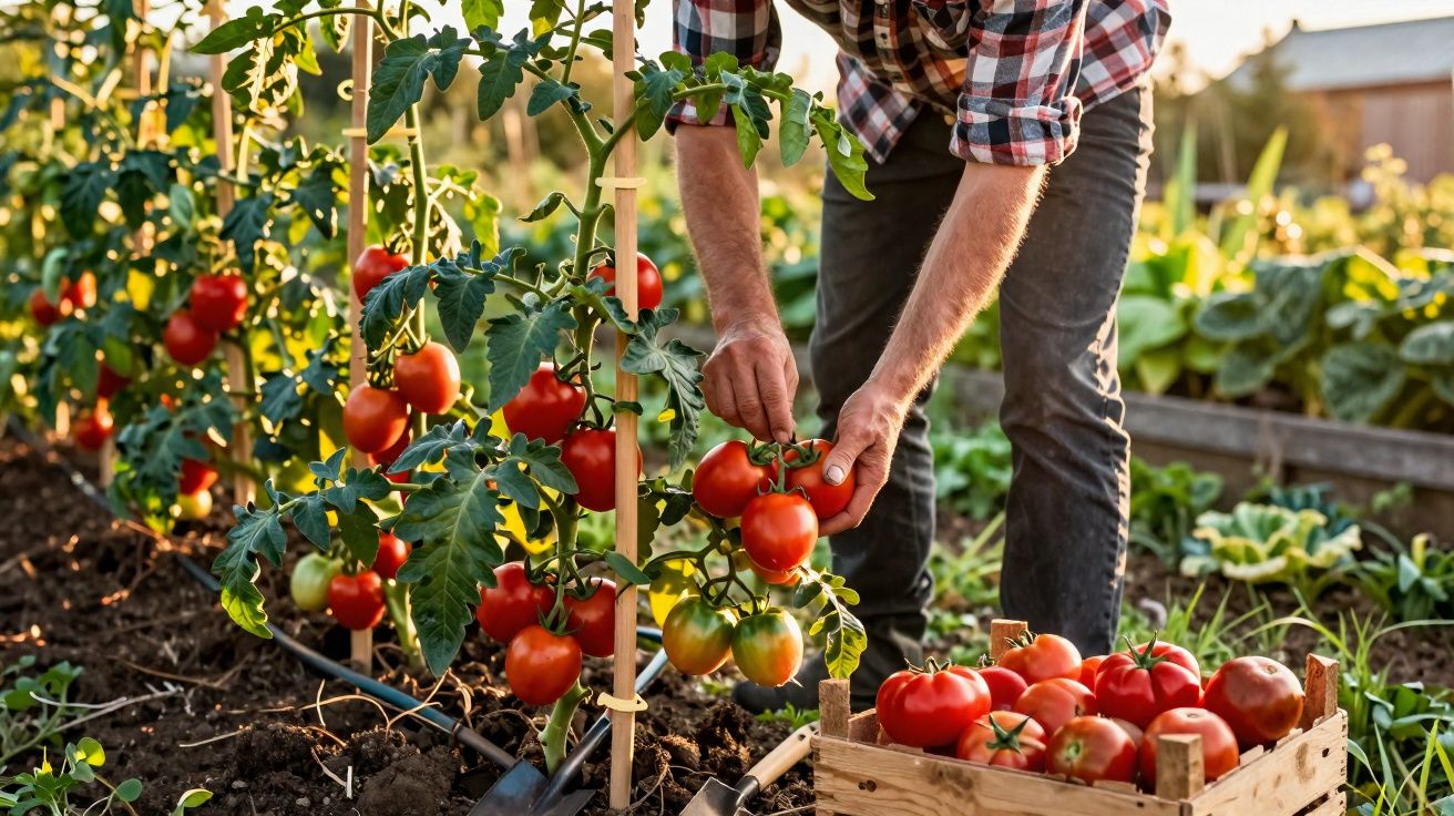 Pessoa colhendo tomates maduros em plantação orgânica com caixa de madeira cheia de tomates.