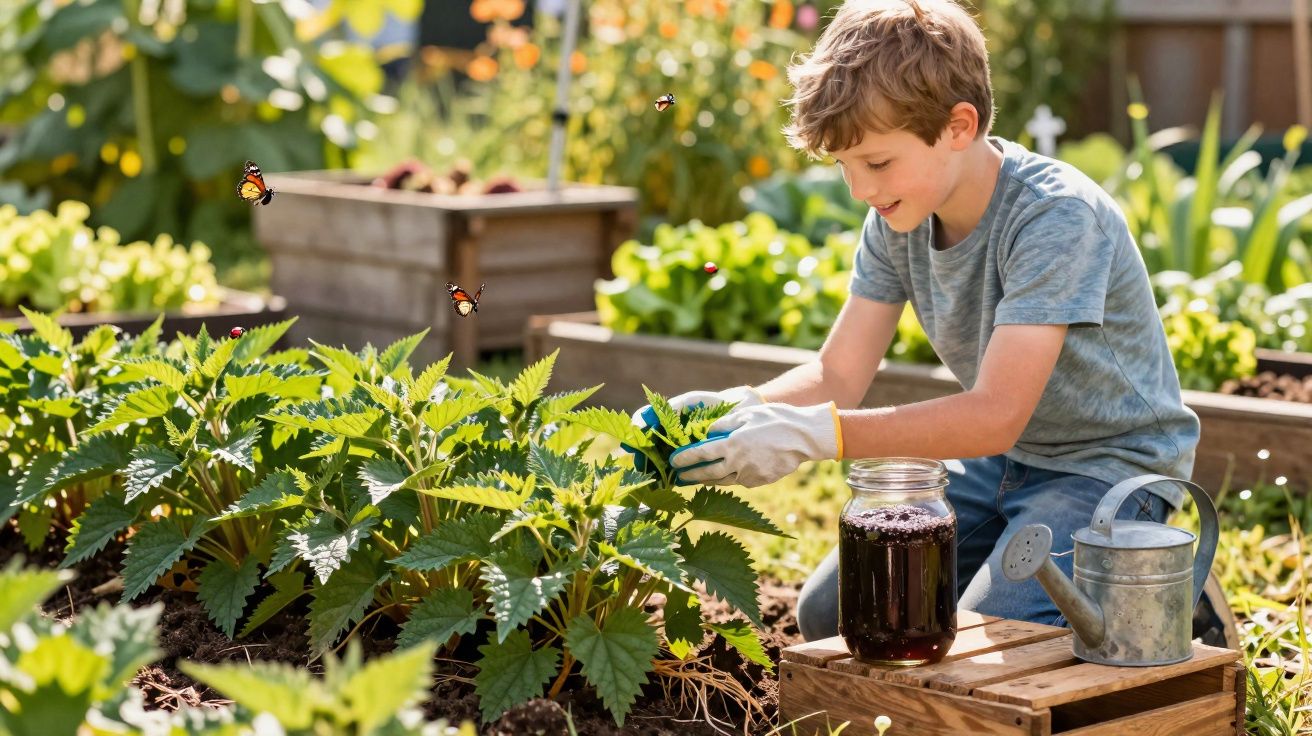 Menino cuidando de plantas em jardim, usando luvas, com regador e pote ao lado, borboletas voam ao redor.