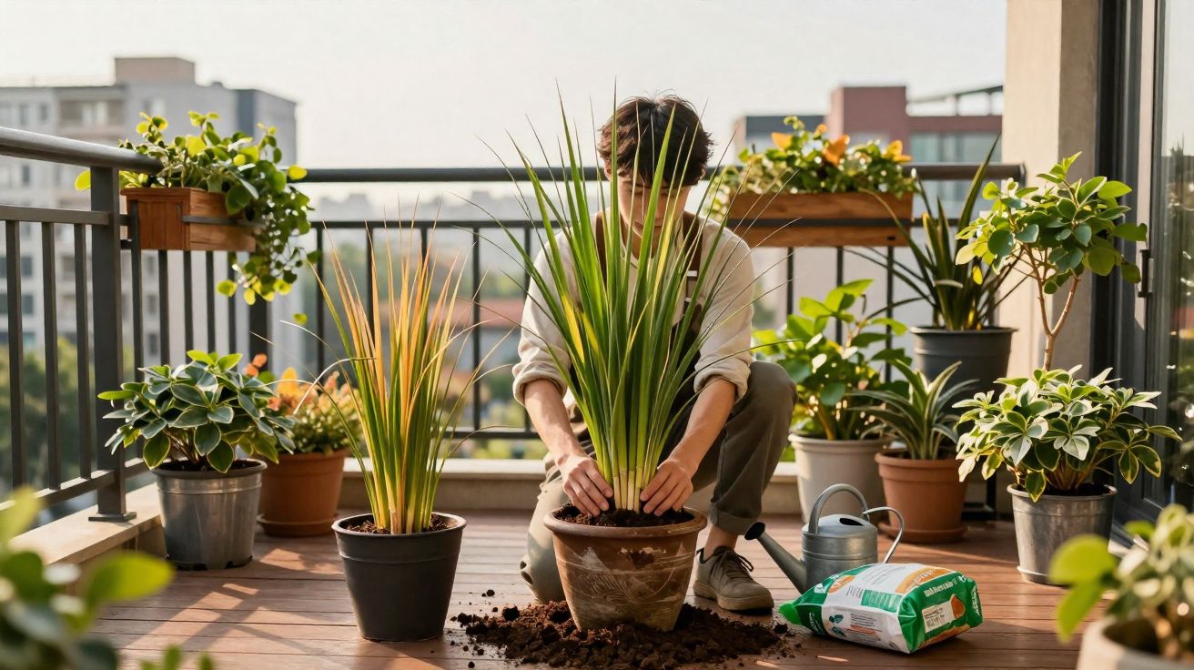 Pessoa transplantando planta em vaso grande em sacada com várias plantas ao redor durante o dia.