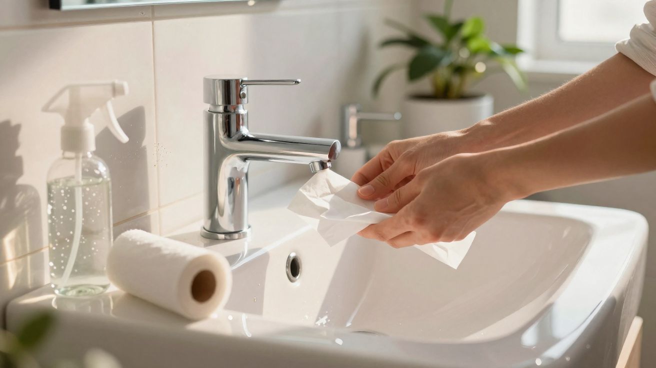 Pessoa secando a pia branca com papel toalha em banheiro iluminado e planta ao fundo.