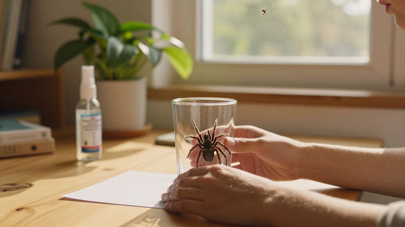 Mãos seguram um copo de vidro para capturar uma aranha em uma mesa clara com planta e borrifador ao fundo.