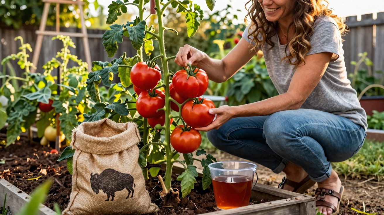 Mulher colhendo tomates vermelhos maduros em jardim com vaso e saco de estopa ao lado.