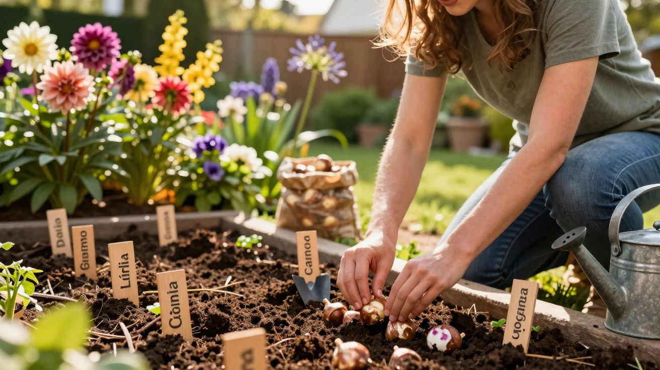 Mulher plantando bulbos de flores em canteiro com etiquetas em um jardim ensolarado.