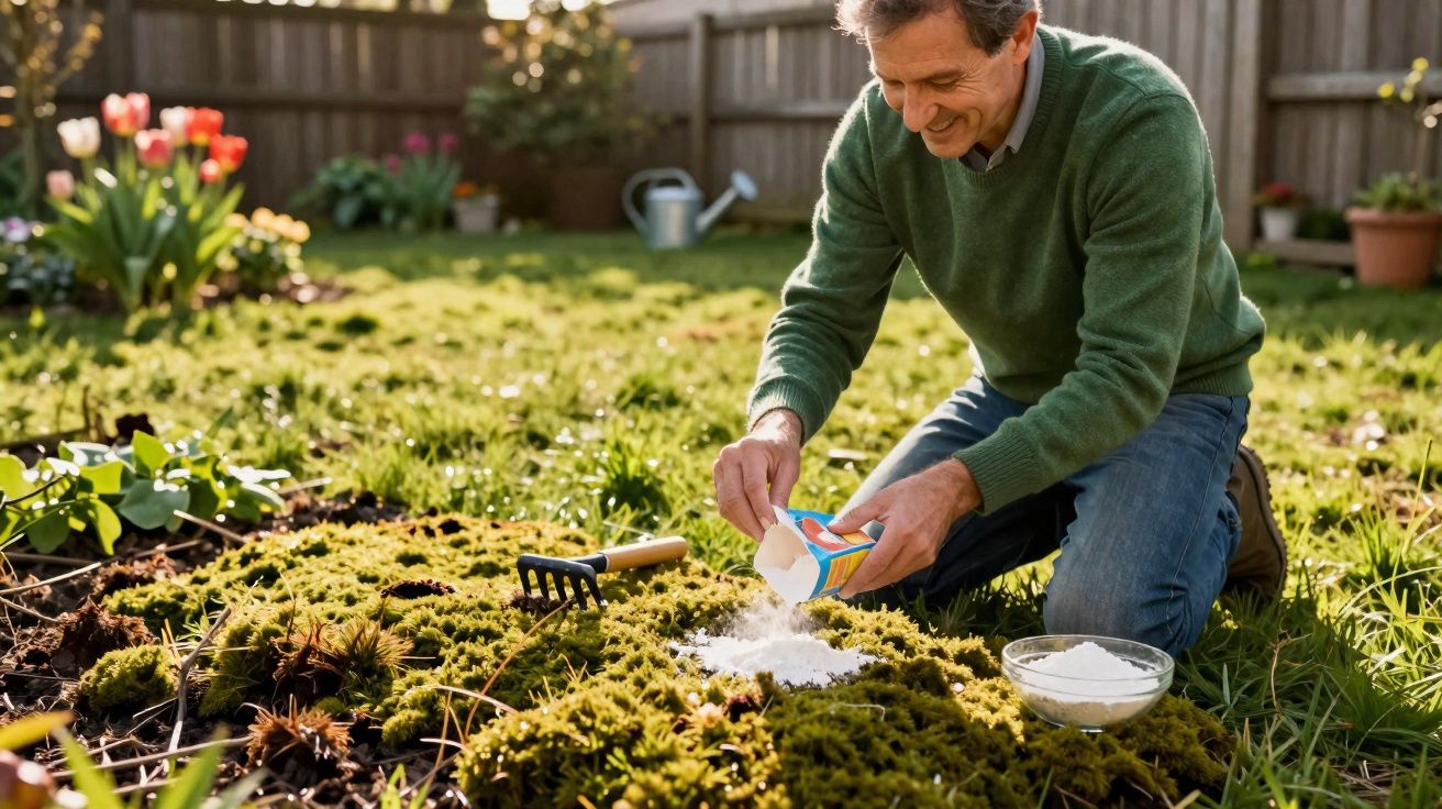 Homem sorridente aplicando pó branco em musgo no jardim durante o dia ensolarado.