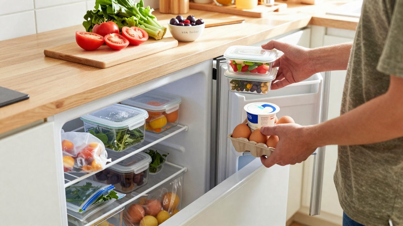 Pessoa organizando alimentos em potes transparentes dentro da geladeira, com legumes e frutas na bancada.