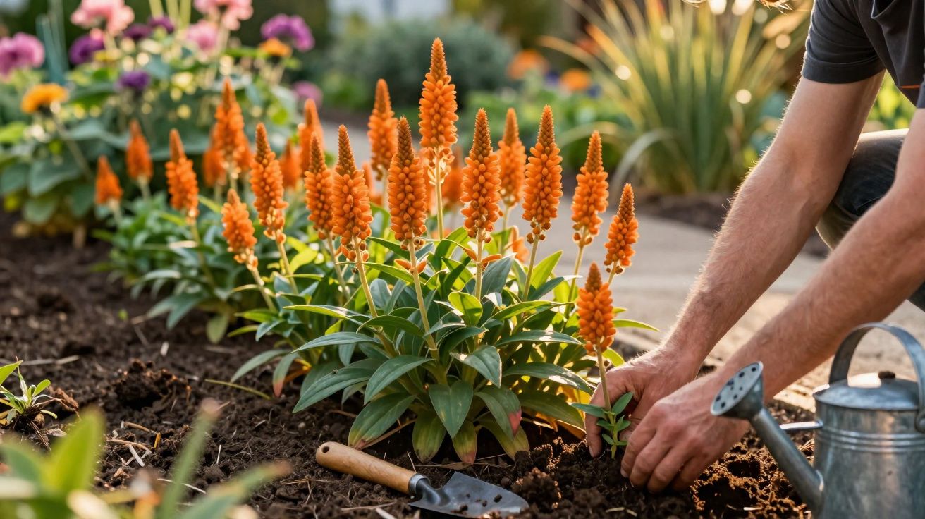 Pessoa cuidando de plantas com flores laranja em jardim, com regador e pá ao lado.