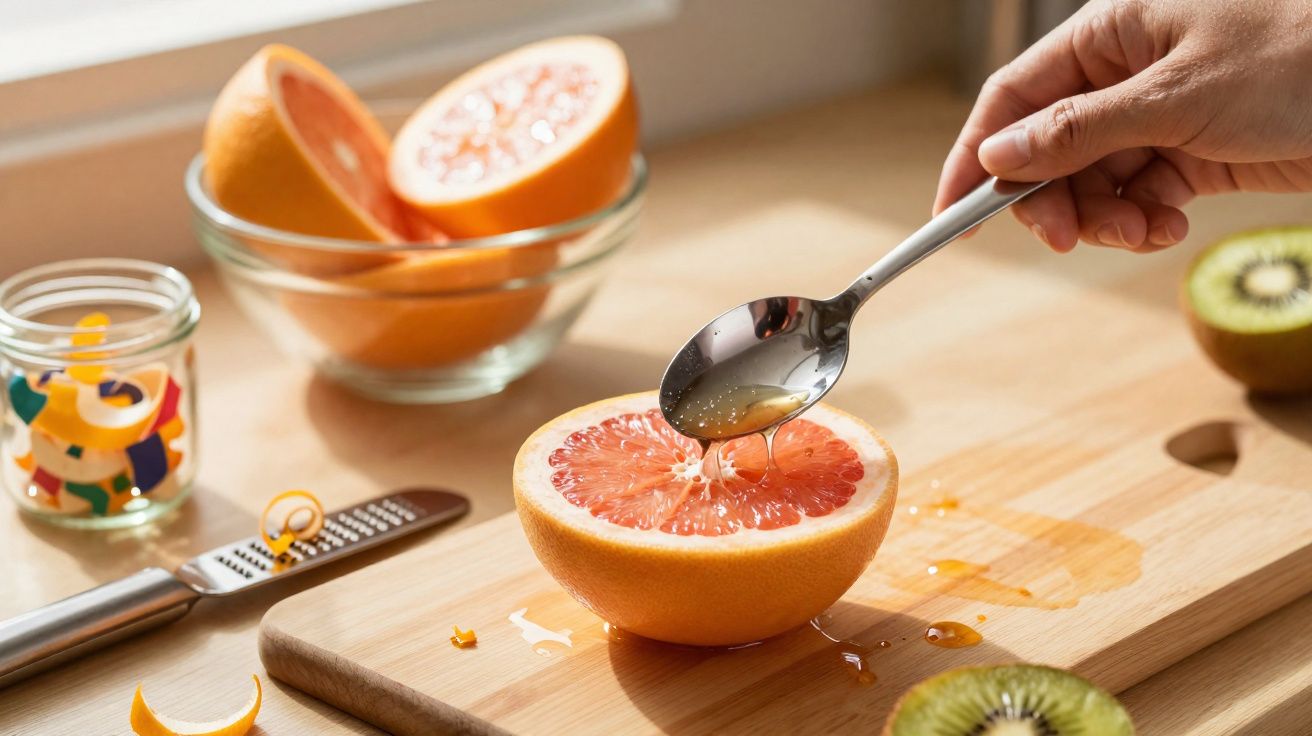 Pessoa regando metade de um grapefruit com mel sobre tábua de madeira, com kiwi e ralador ao redor.