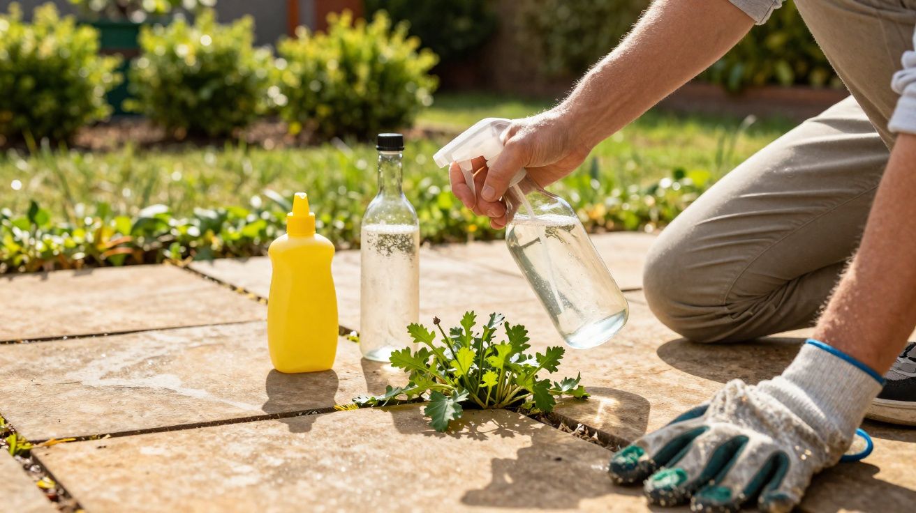 Pessoa aplicando spray em plantas crescendo entre pedras do jardim com luvas e produtos de jardinagem.