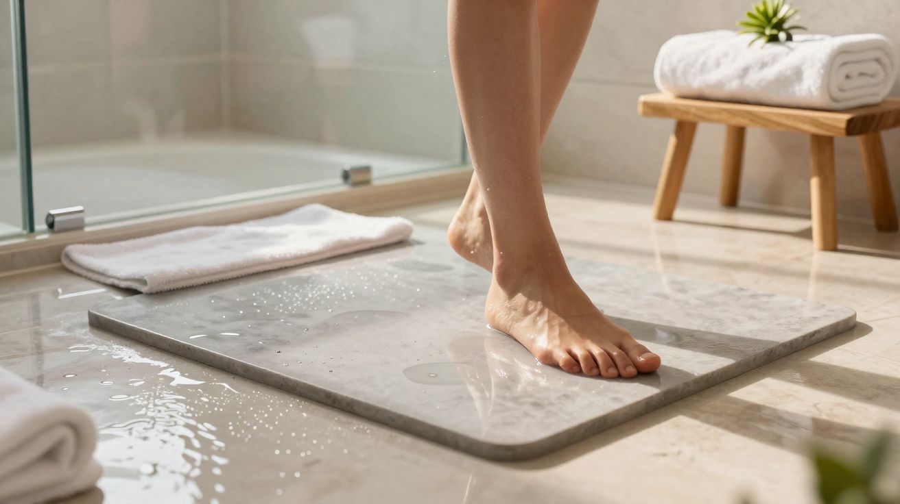 Pés descalços pisando em tapete absorvente em banheiro com toalhas e decoração minimalista.