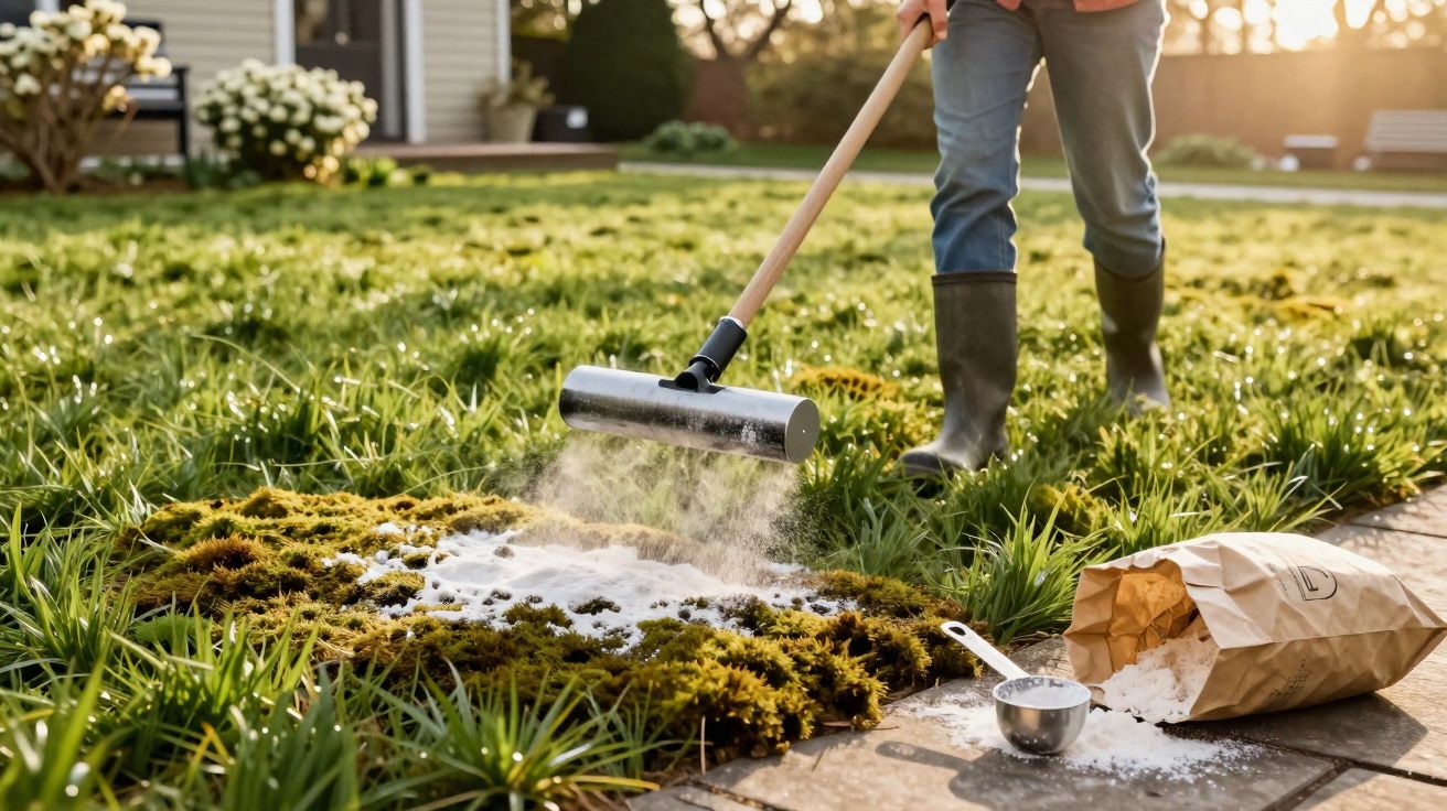 Pessoa aplicando calcário em área de grama e musgo com rolo em jardim ensolarado.