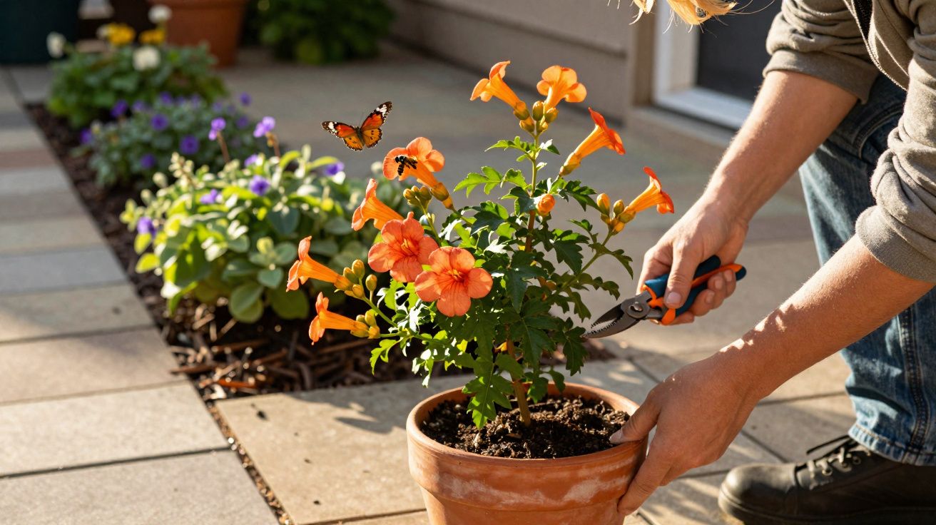 Pessoa cuidando de planta com flores laranja em vaso de cerâmica em área externa com borboleta voando.