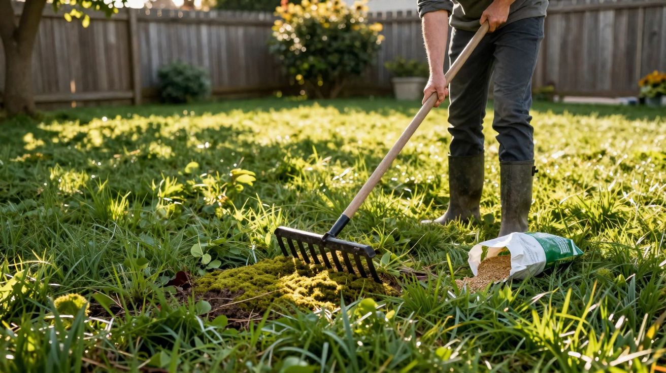 Pessoa usando rastelo para cuidar do gramado em jardim com saco de fertilizante ao lado.