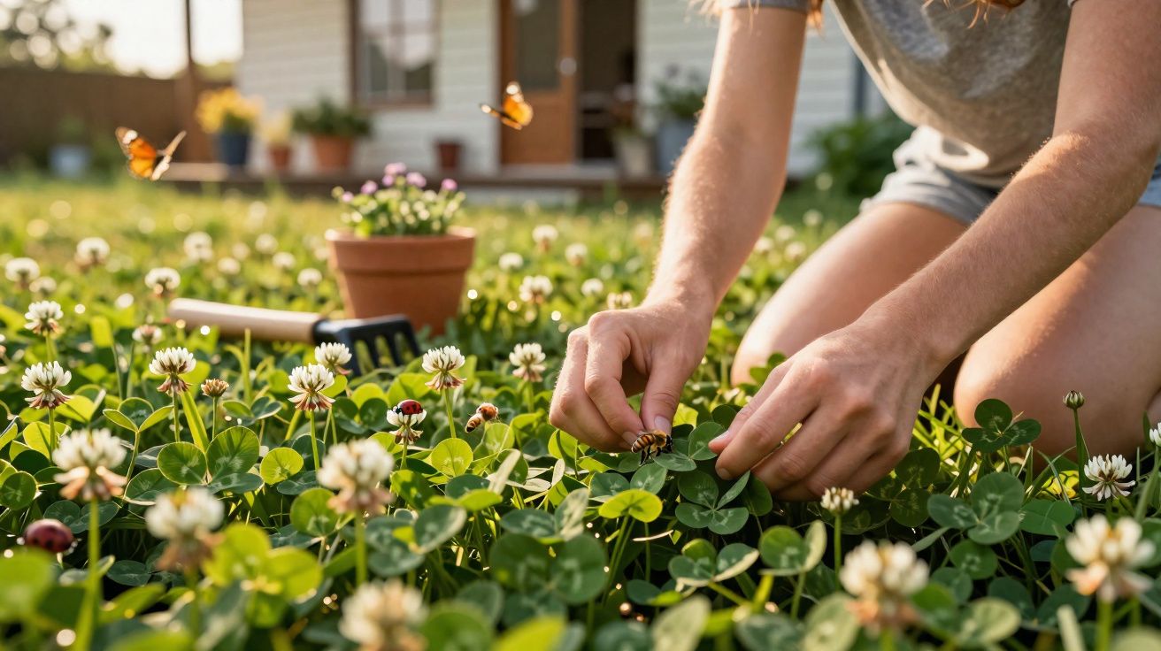 Pessoa cuidando de plantas em jardim com trevos e flores brancas ao ar livre no fim de tarde.