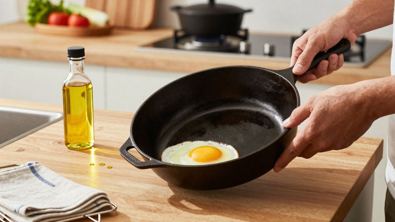Pessoa segurando frigideira preta com ovo frito sobre bancada de cozinha com azeite e pano ao lado.