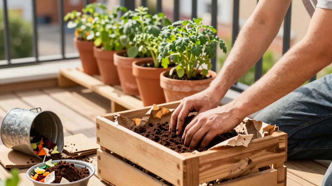 Mãos preparando terra em caixa de madeira para plantio, com vasos de plantas ao fundo em varanda ensolarada.
