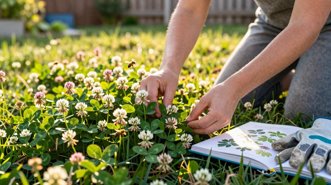 Pessoa examinando flores de trevo branco em campo com livro de botânica aberto ao lado e luvas de jardinagem.