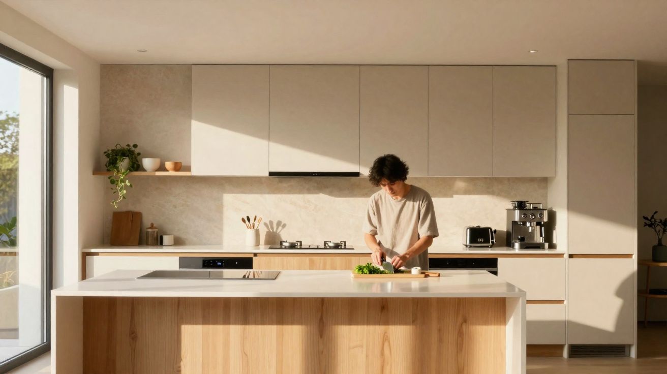 Pessoa cortando legumes em bancada clara em cozinha moderna e iluminada pela luz natural.