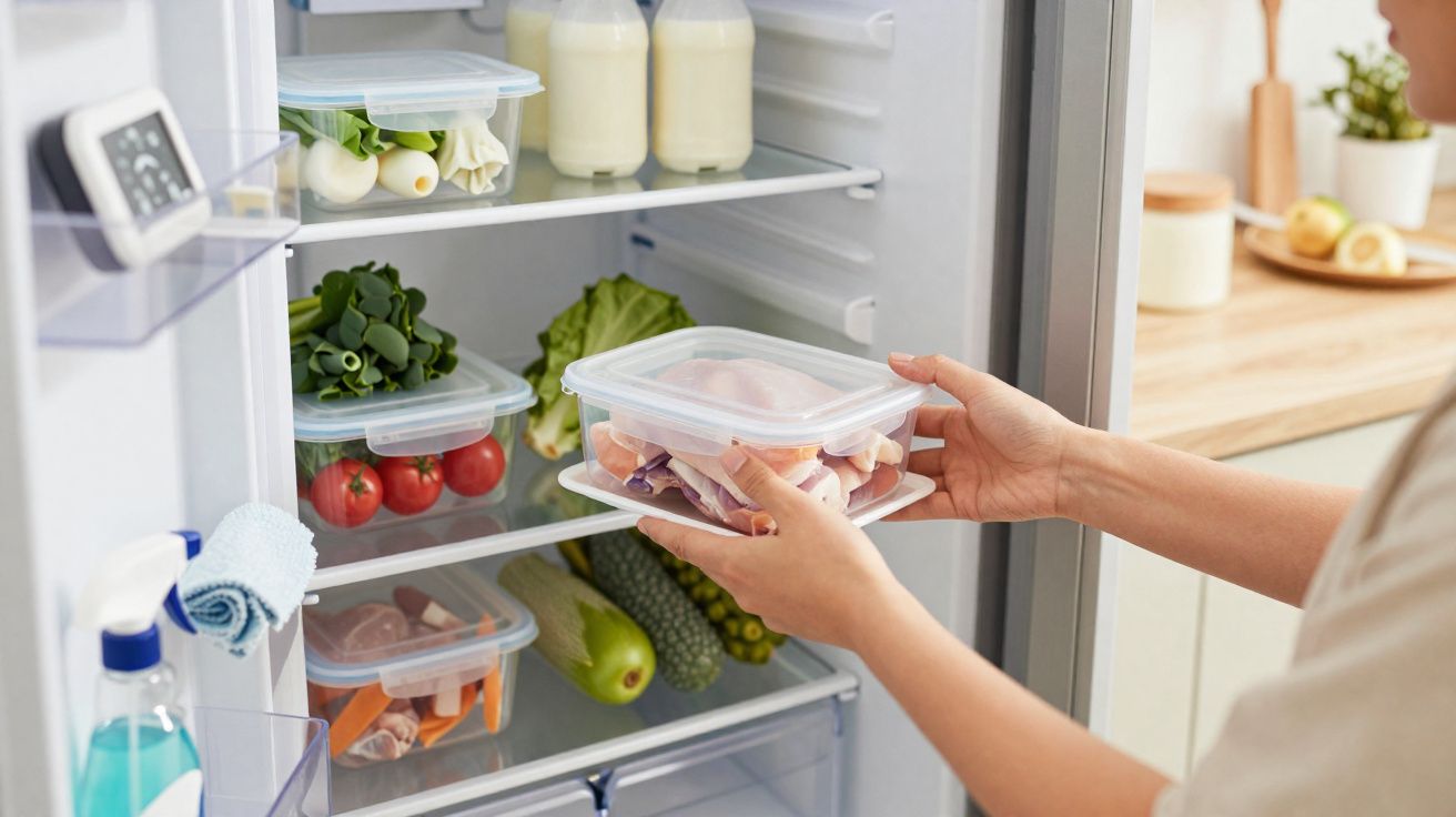 Pessoa organizando alimentos em recipientes plásticos dentro de uma geladeira com legumes e frango.