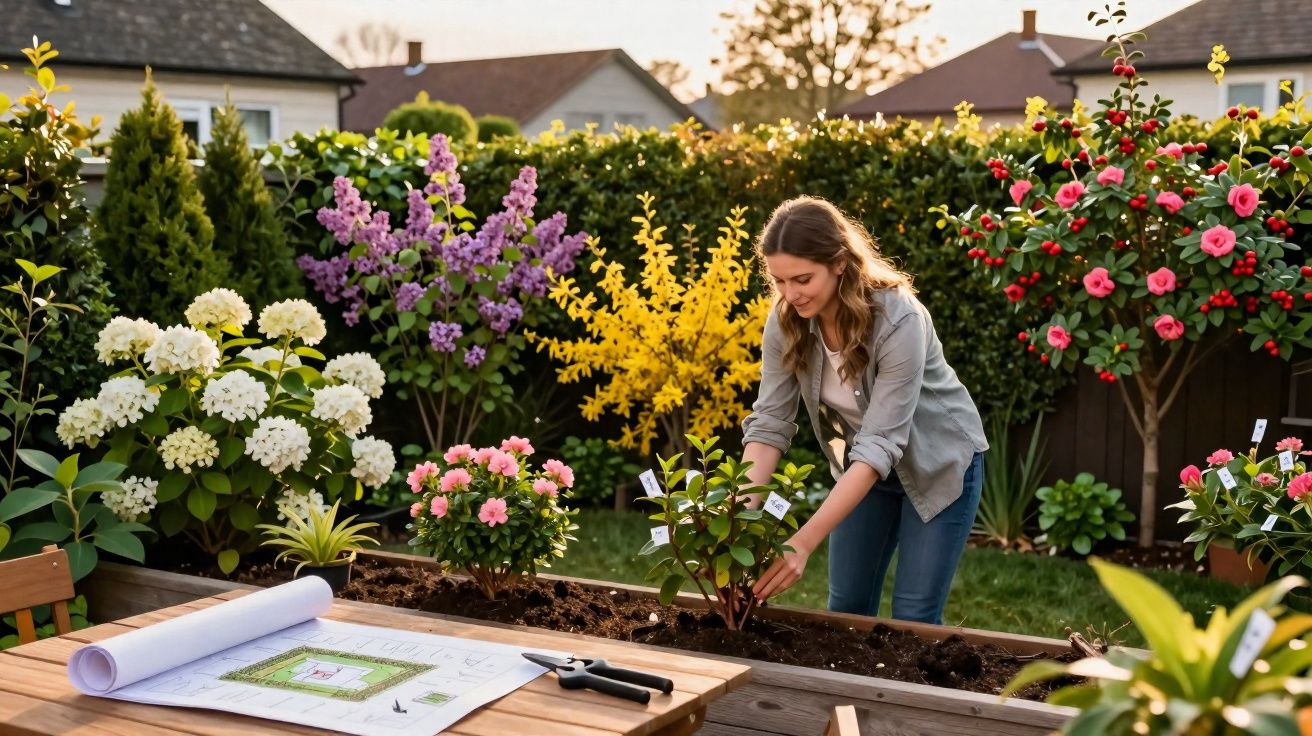 Mulher cuidando de plantas em jardim florido com mesa de madeira e projeto paisagístico ao lado.