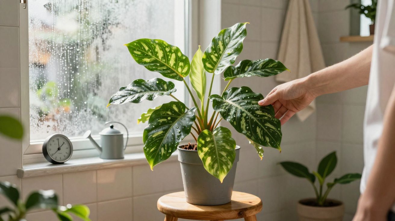 Planta verde com folhas pontilhadas em vaso cinza em banquinho de madeira perto de janela com gotas de chuva.