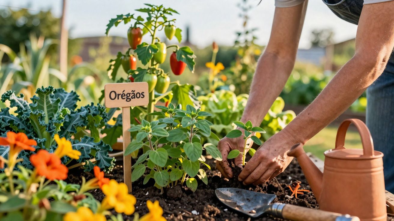 Pessoa plantando orégãos em horta com flores e regador, em ambiente externo com luz natural.