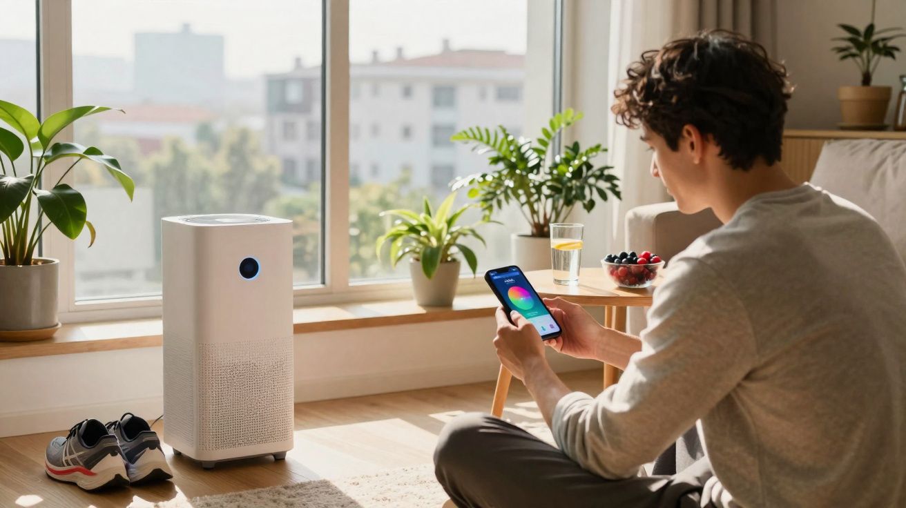 Pessoa sentada no chão controlando purificador de ar com smartphone em sala iluminada e plantas ao redor.
