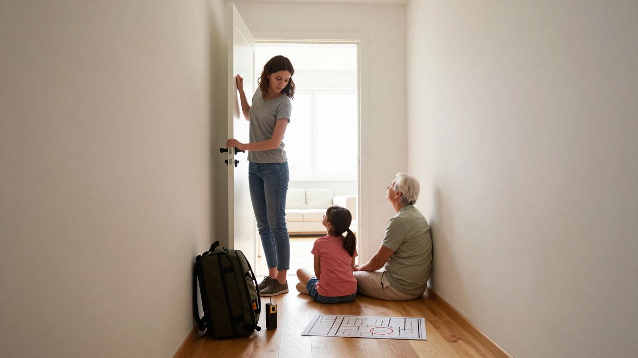 Mulher abrindo porta enquanto criança e idoso sentam no chão de corredor com planta de casa e mochila.