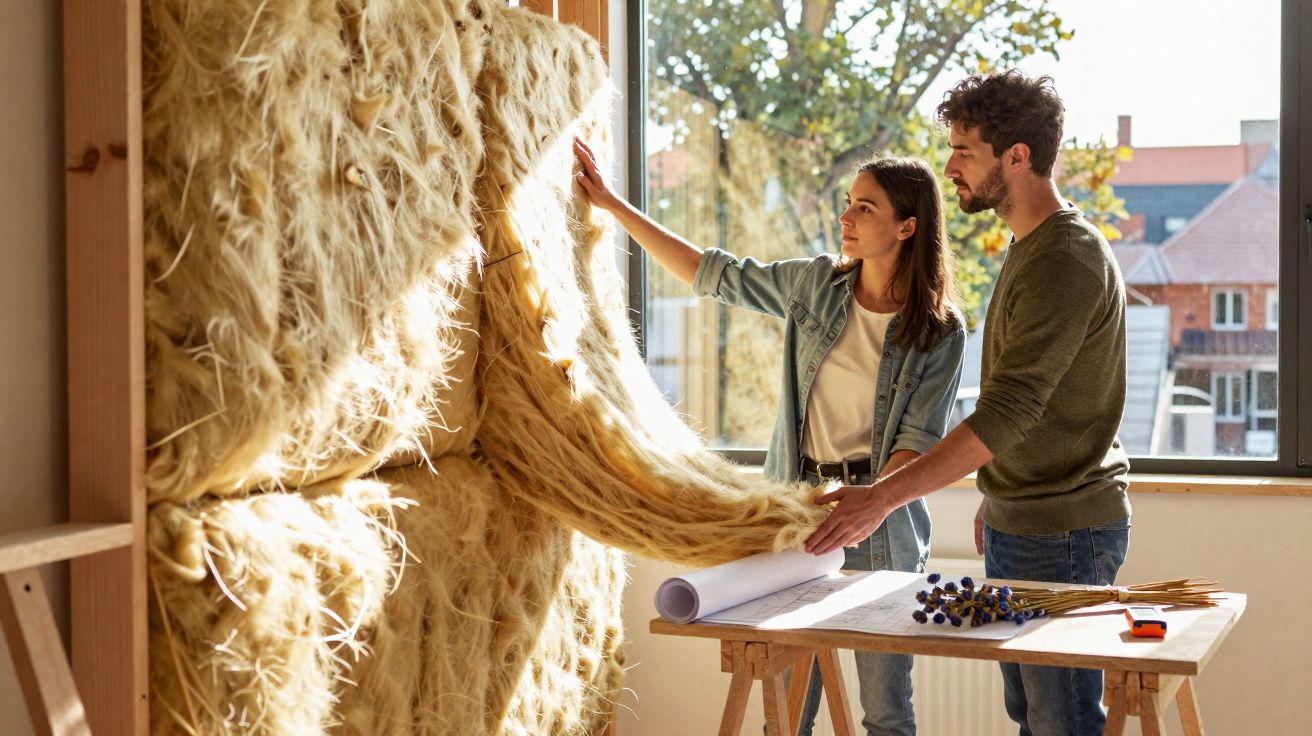Casal observa e toca em isolante térmico amarelo em ambiente com janela e planta sobre mesa de madeira.