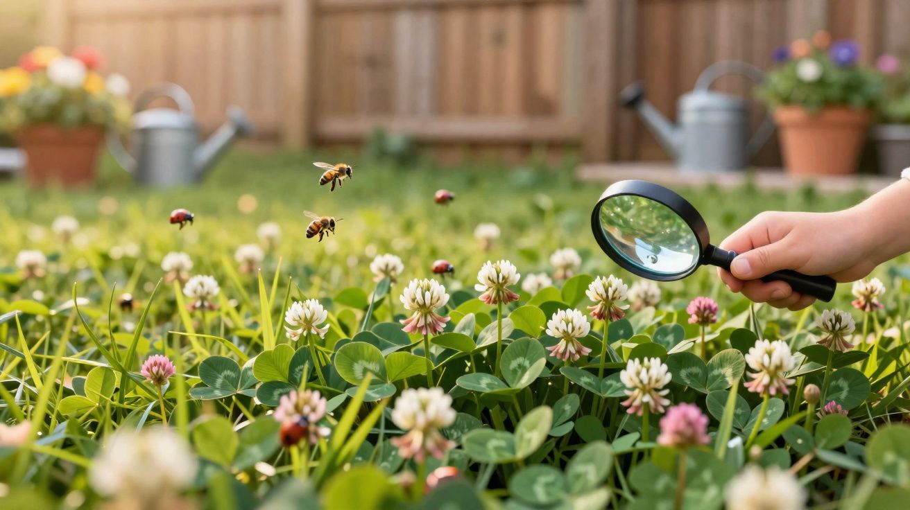 Mão segurando lupa examinando abelhas, joaninhas e flores brancas e rosas em um jardim gramado.
