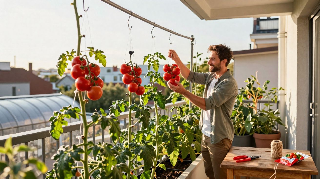 Homem colhendo tomates vermelhos em plantas cultivadas na varanda de apartamento ensolarado.