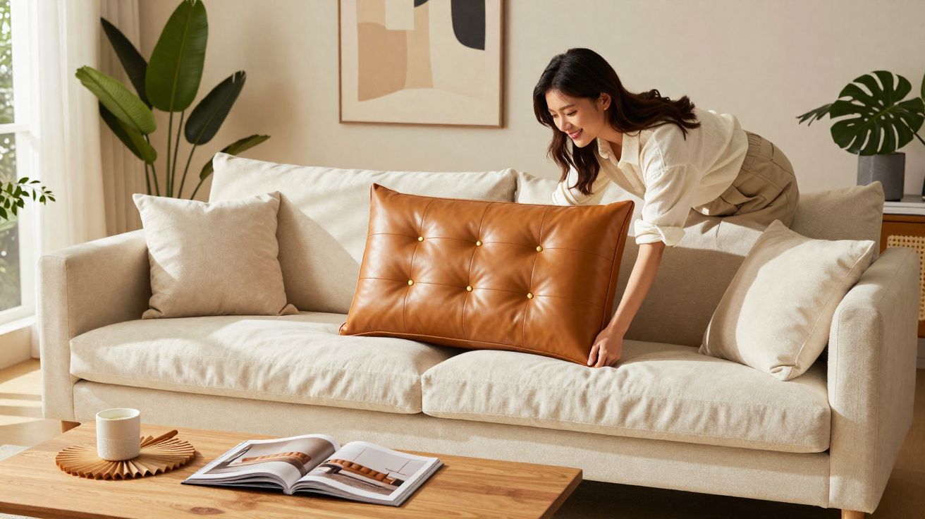 Mulher ajustando almofada marrom em sofá bege em sala iluminada e decorada com plantas e quadro abstrato.