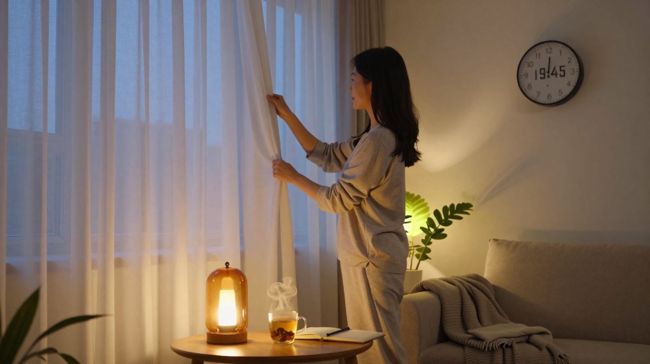 Mulher abrindo cortina ao entardecer em sala com decoração acolhedora e relógio marcando 19:45.