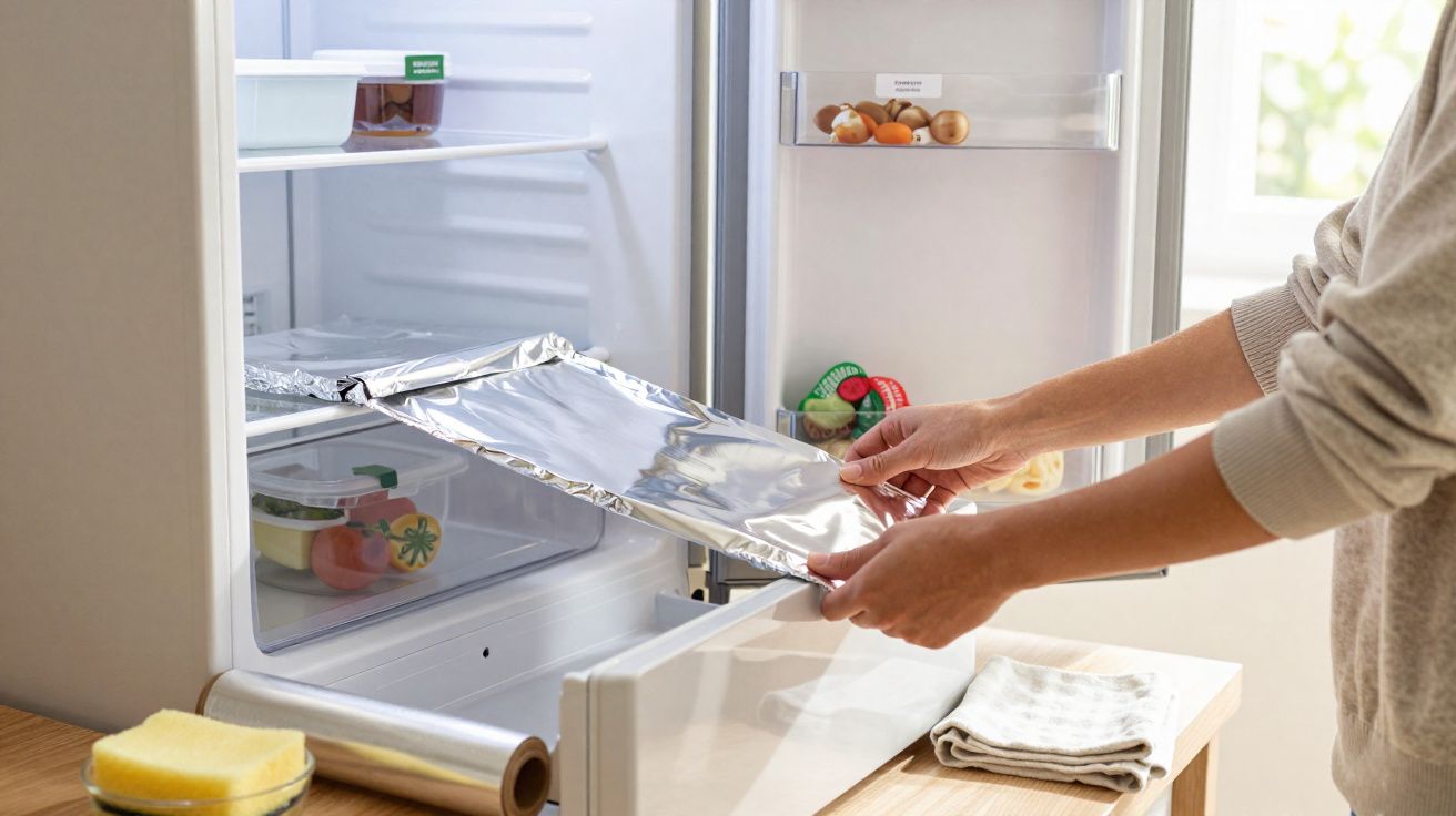 Pessoa fechando recipiente com papel alumínio dentro de geladeira aberta em cozinha iluminada.