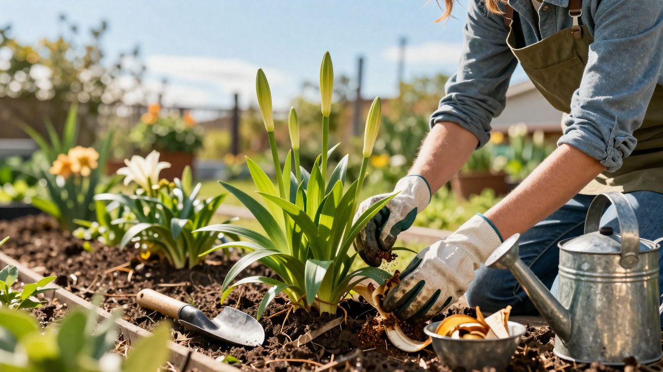 Pessoa plantando lírios em jardim com ferramentas de jardinagem ao lado, em dia ensolarado.