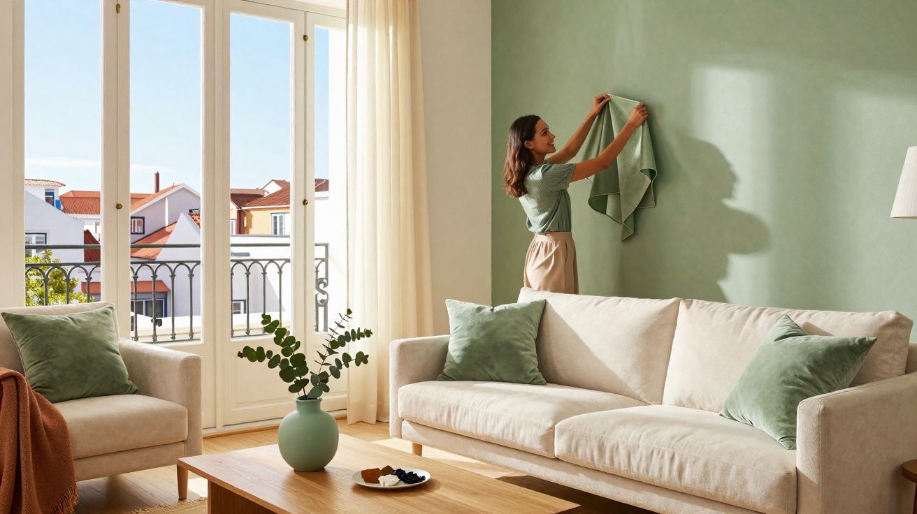 Mulher pendura toalha verde em parede clara em sala com sofá branco e almofadas verdes.