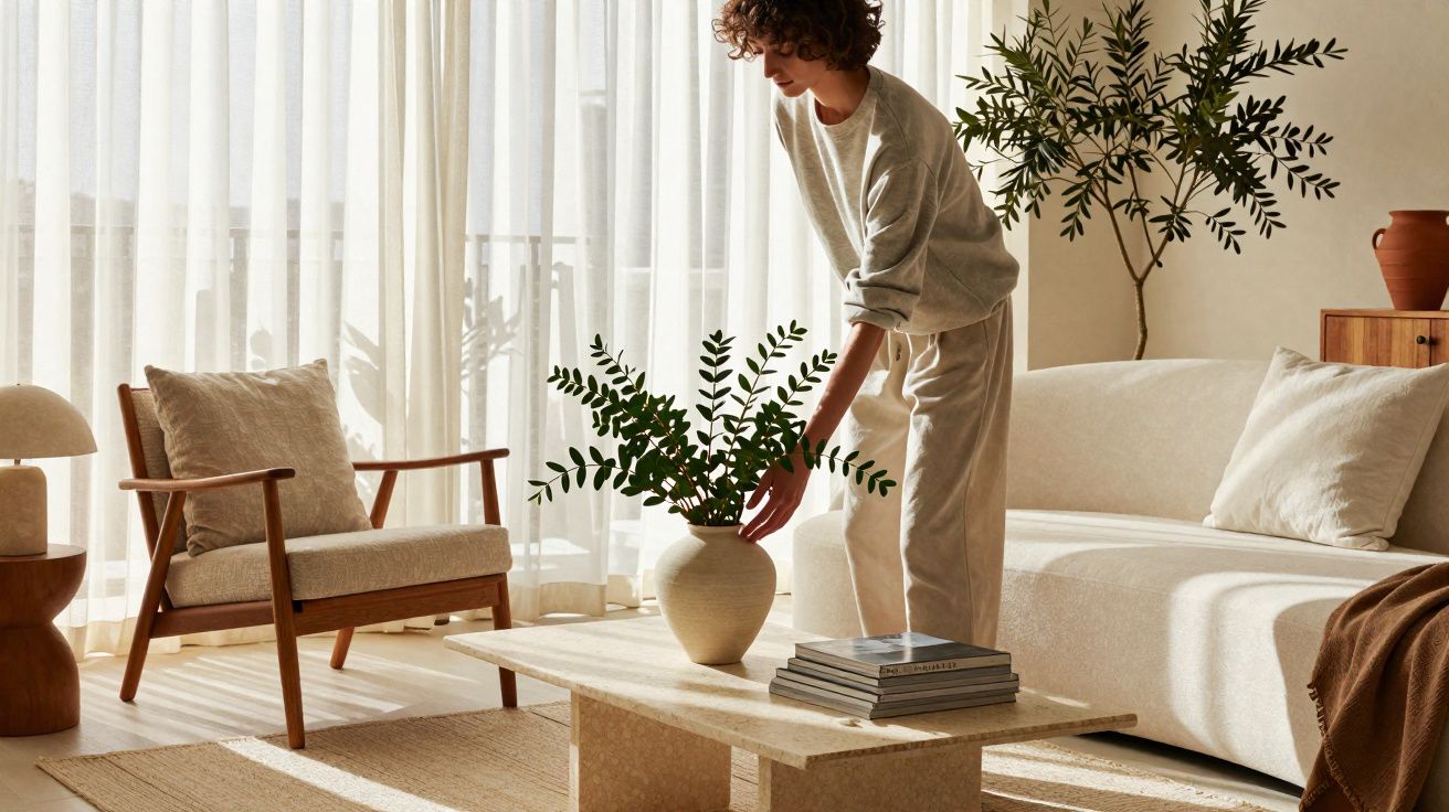 Pessoa arrumando vaso com folhas verdes em sala de estar clara e decorada em tons neutros.