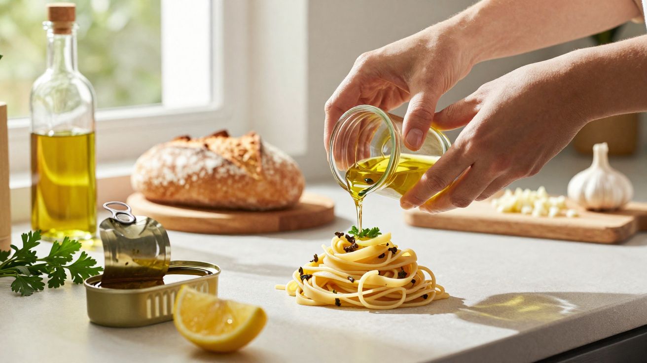Mãos derramando azeite em massa italiana com pão, limão, alho e sardinha em lata sobre bancada clara.