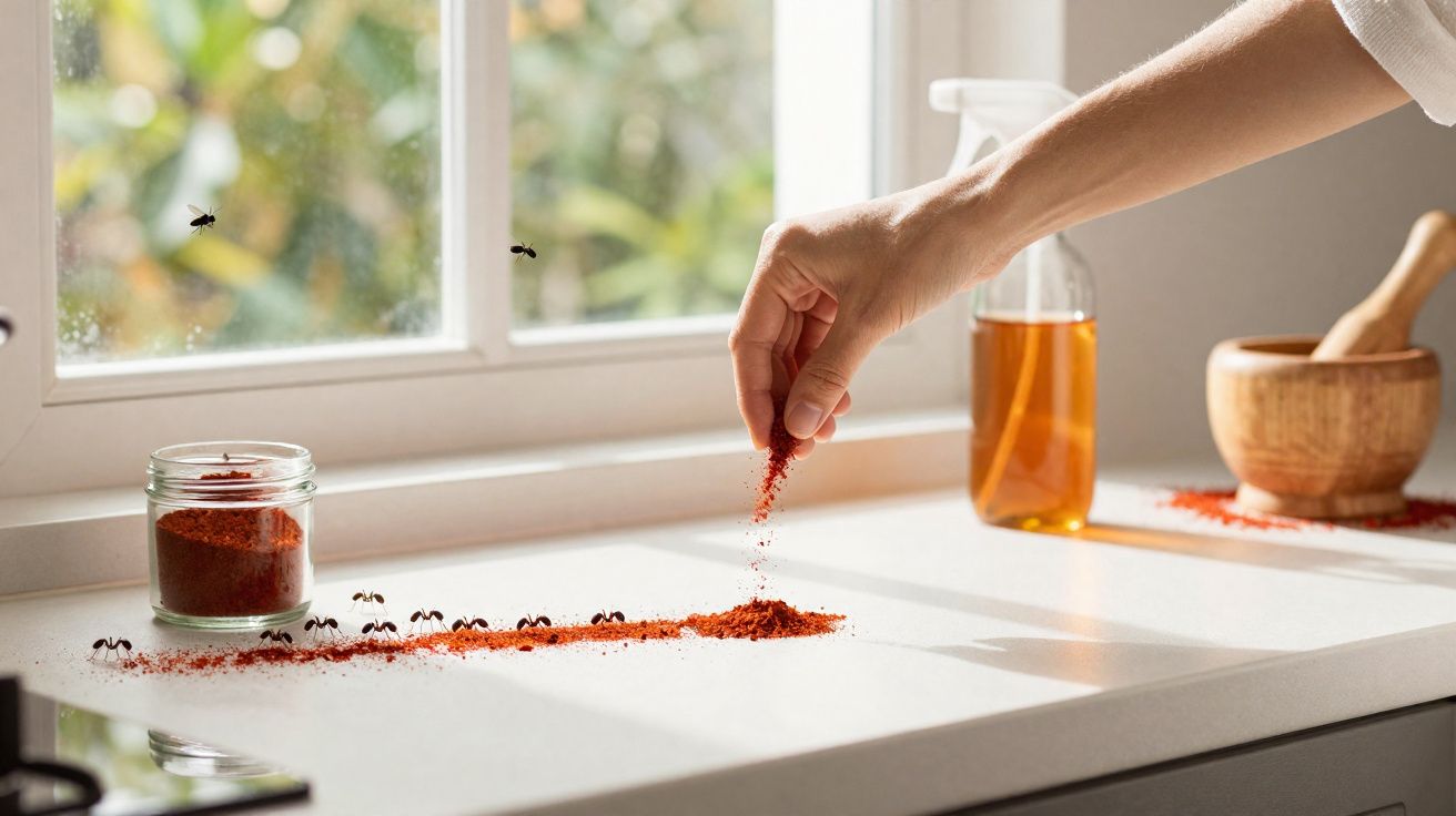 Mão espalhando pó vermelho perto de formigas caminhando sobre balcão branco iluminado por janela.