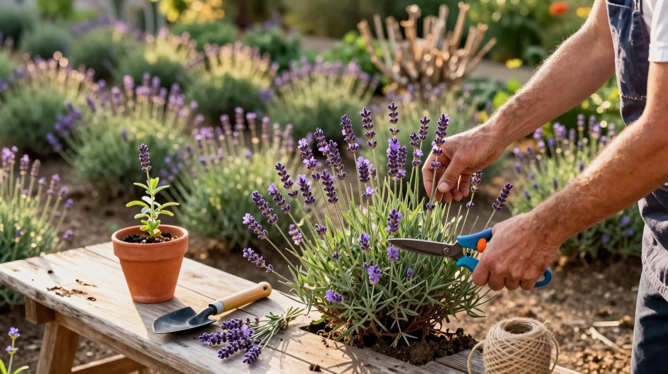 Pessoa podando flores de lavanda roxa em jardim com tesoura azul, pá e vaso de planta na mesa de madeira.