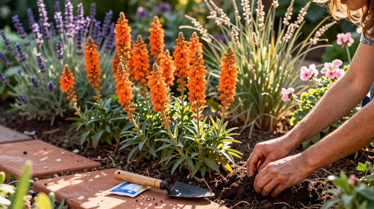 Pessoa plantando flores em um jardim com flores laranjas e lavanda em dia ensolarado.