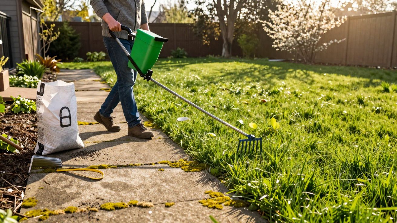 Pessoa usando espalhador manual para fertilizante em grama de jardim ensolarado.