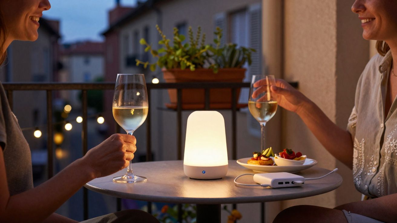 Duas pessoas brindando com taças de vinho em mesa de varanda iluminada por luminária decorativa.