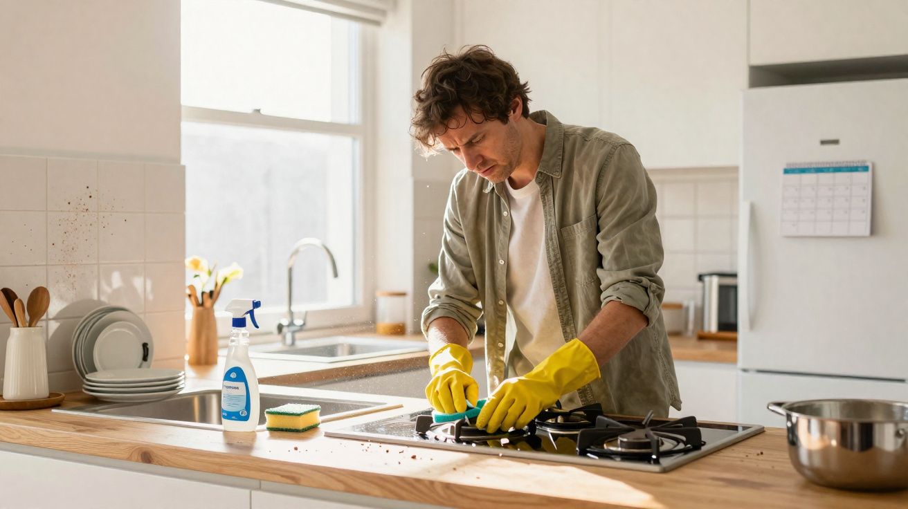 Homem limpando fogão na cozinha usando luvas amarelas e esponja azul.