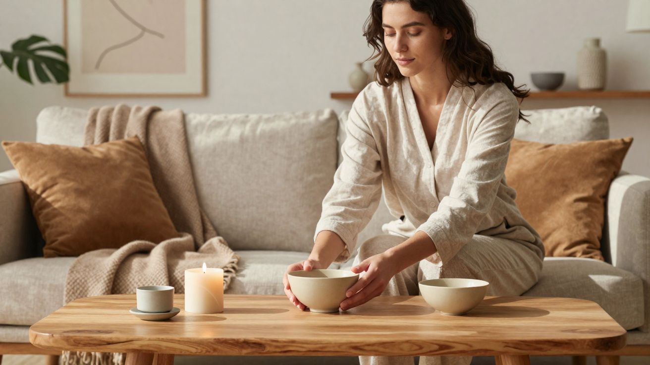 Mulher arrumando tigela em mesa de madeira em sala com sofá e almofadas marrons.