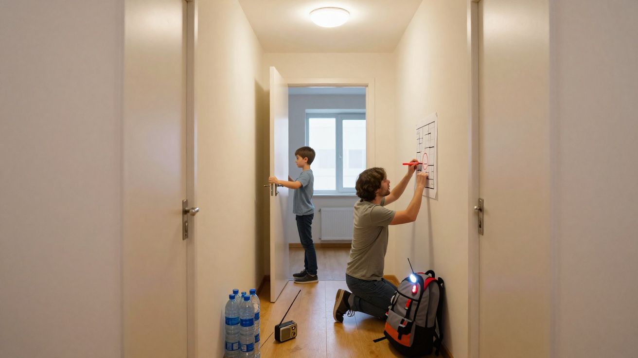 Criança abrindo porta em corredor; adulto desenha em papel fixado na parede próximo a mochila e garrafas.