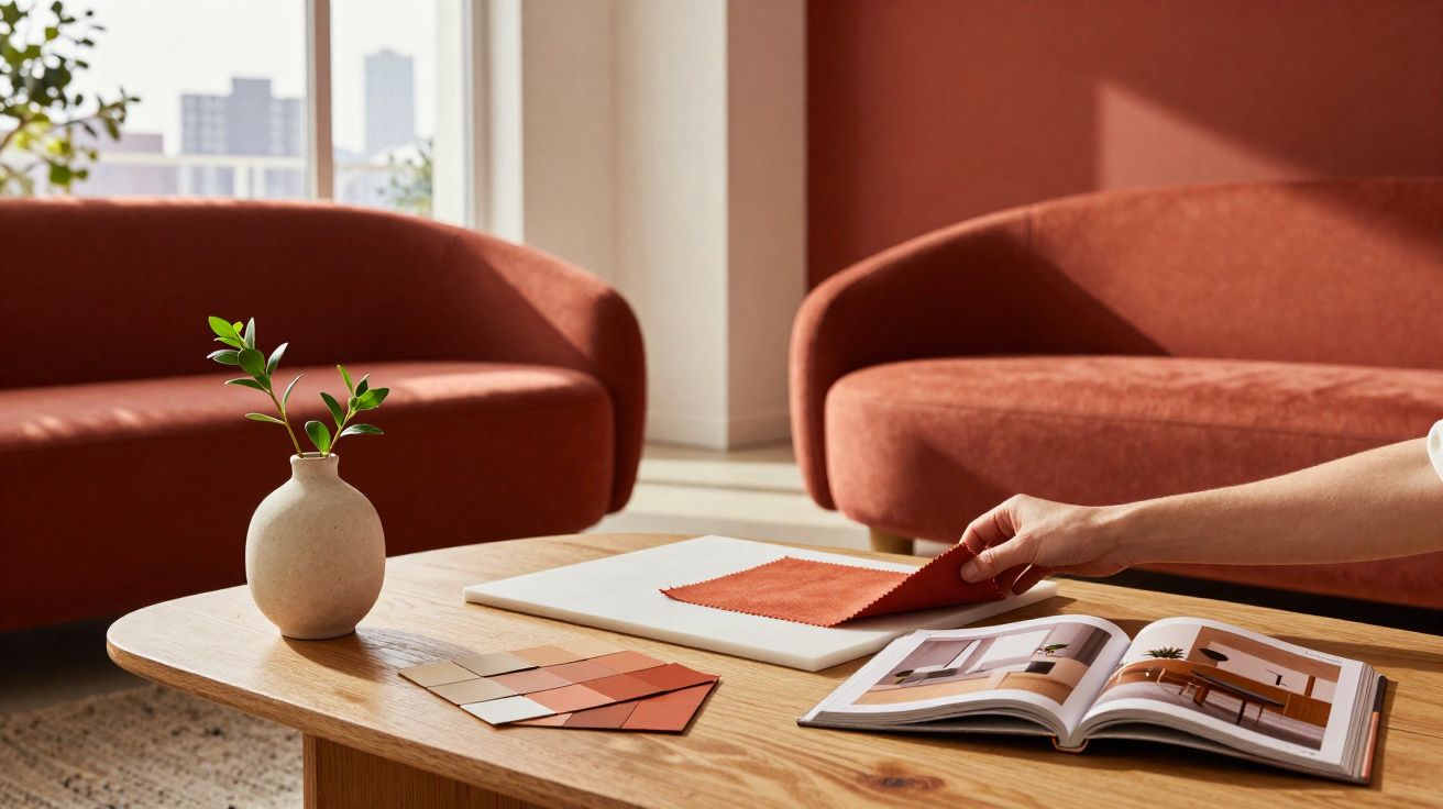 Mãos seguram amostra de tecido terracota sobre mesa com amostras de pintura e revistas diante de sofás laranja.