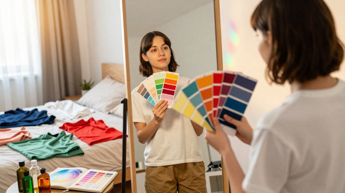 Mulher olhando para amostras de cores na frente do espelho em um quarto com roupas sobre a cama.