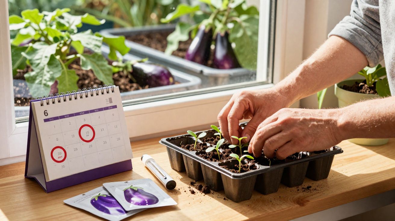 Mãos cuidando de mudas em bandeja na janela com calendário e pacotes de sementes de berinjela ao lado.